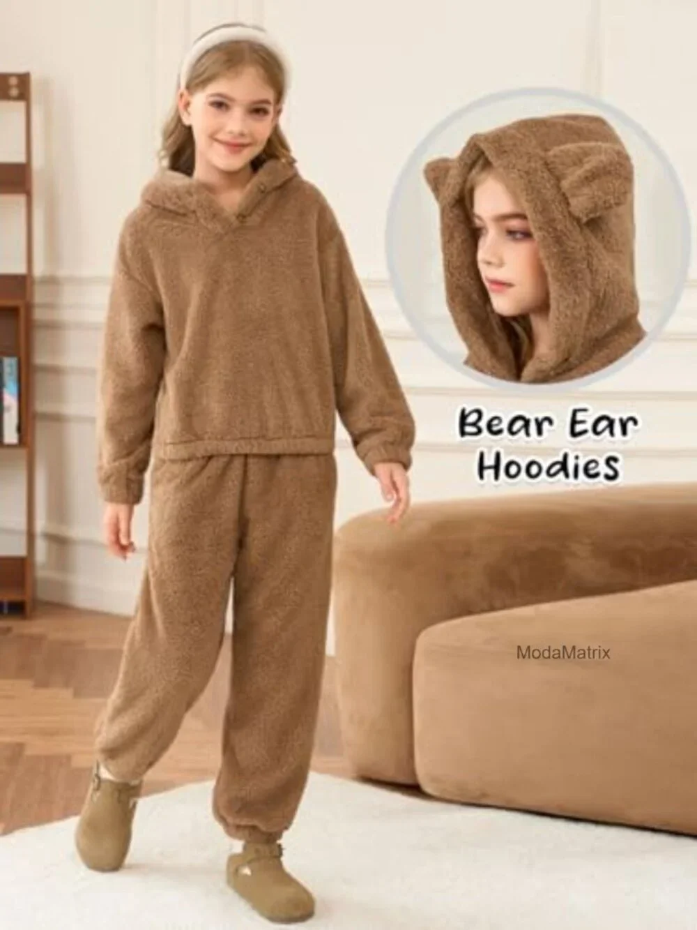 2 Piece Girls Fuzzy Bear Ear Hoodie & Jogger Sweatsuit Set